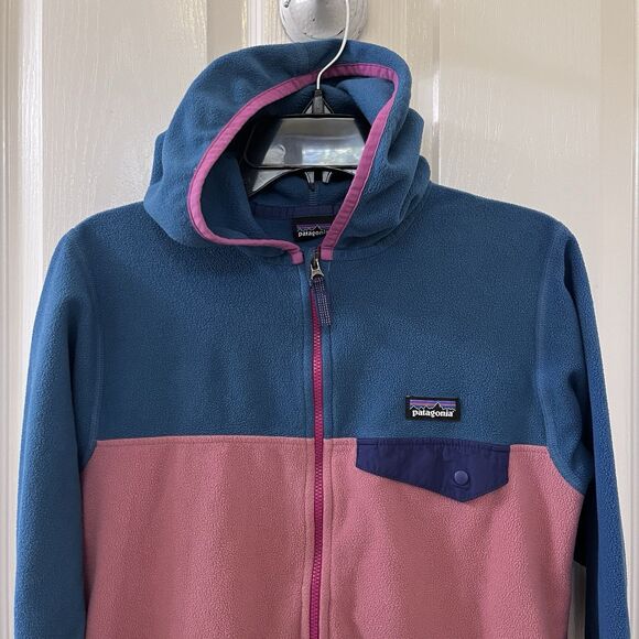 Patagonia Kids Micro D Snap-T Fleece Jacket Blue and Pink Girls Size Medium 10 - Picture 2 of 13